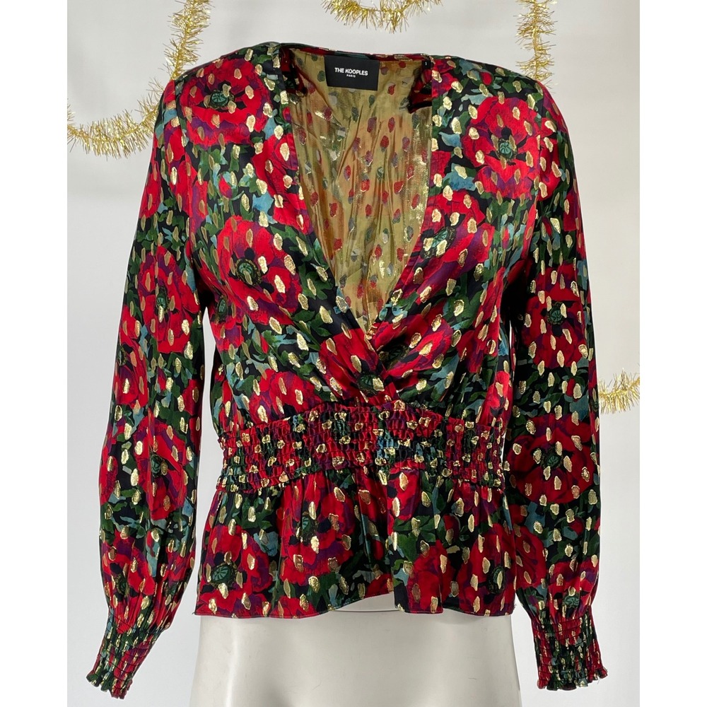 The Kooples Giant Poppy Red Floral Metallic Silk V Neck Blouse Size 3 Large